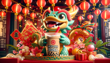 A festive website banner for Chinese New Year, featuring a cute Chinese dragon playfully holding a cup of 'Next Gen Boba' bubble tea. The scene is adorned with vibrant red lanterns and cherry blossoms, creating a lively and engaging atmosphere for the holiday.