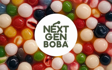A really nice fruity background image displaying our toppings used for bubble tea with a logo in the centre that says 'Next Gen Boba'.